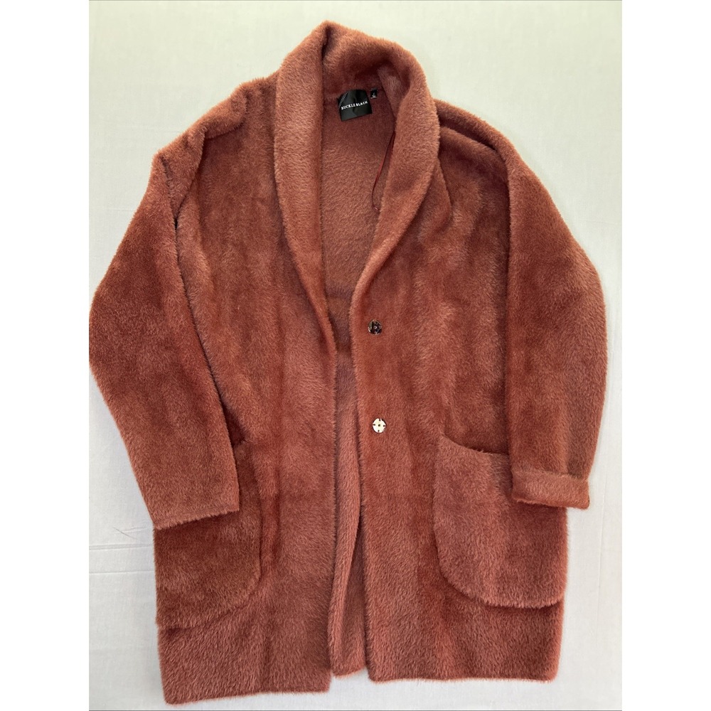 Buckle Black Fuzzy Cardigan Coat Womens Large Rust Long Open Front Sweater